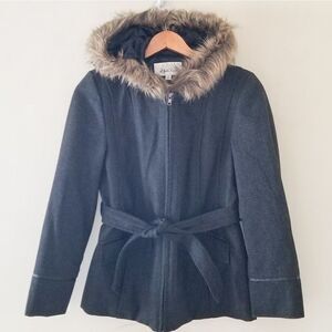 High Line hooded coat with faux fur trim belt